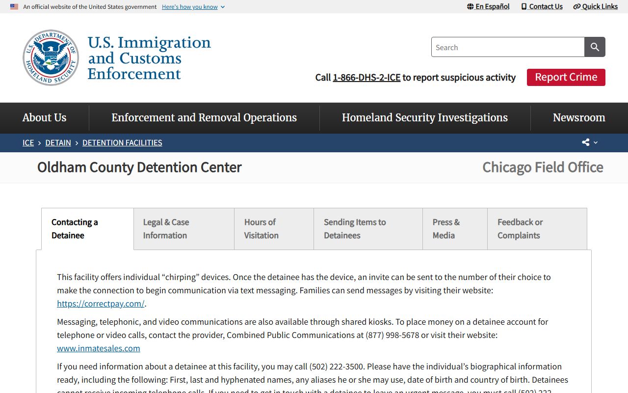 Oldham County Detention Center ICE facility page for detainee lookup